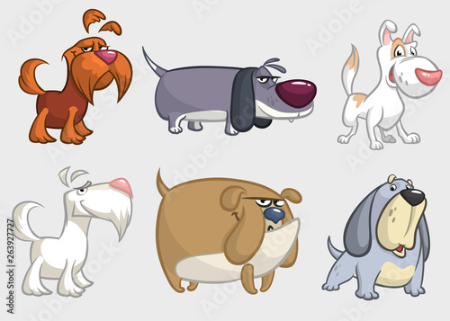 Cartoon dogs set. Retriever, dachshund, terrier,pitbull, spaniel, bulldog, basset hound, afghan hound