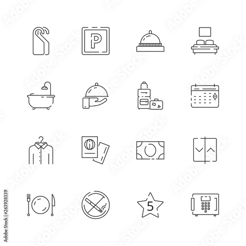 Hotel related icons. Parking restaurant separated bed wifi free tv hotel signs vector thin line. Hotel and free wifi, bed and travel icon illustration