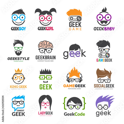 Geek logotypes. Identity for smart kids computer programmers educational vector design. Illustration of geek programmer, learning icon photo