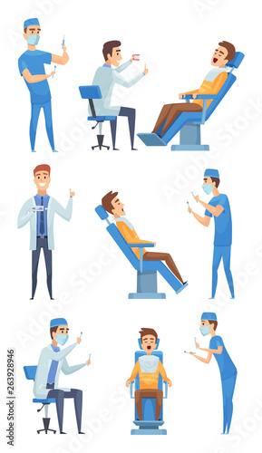Dentists medical stuff. Healthcare characters stomatological equipment for dentists clinic mouth diagnostic cabinet vector pictures. Dentist healthcare, treatment toothache illustration © ONYXprj