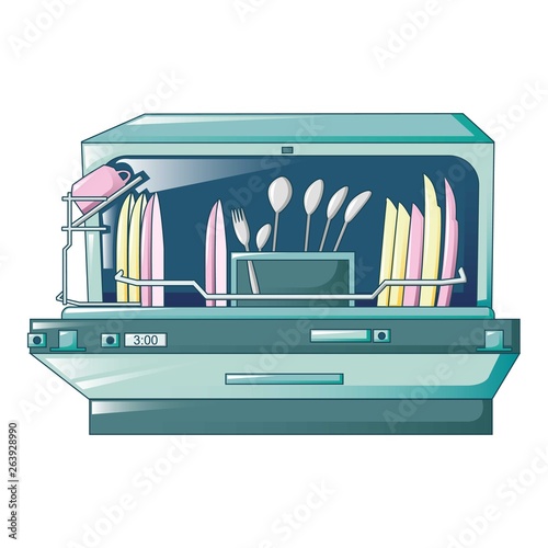 Open dishwasher machine icon. Cartoon of open dishwasher machine vector icon for web design isolated on white background