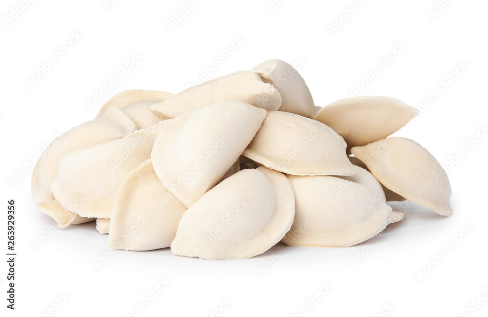 Raw dumplings on white background. Home cooking