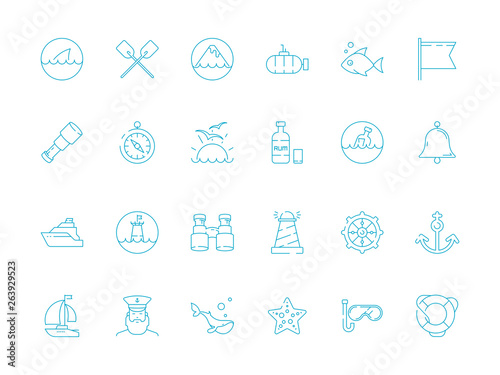 Marine icon. Nautical symbols sailing knot rope sea fish sailing boat ship vector thin pictures. Marine boat and fish, yacht and submarine icons illustration