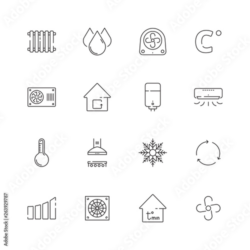 Heating cooling icons. Airing conditioning systems vector heat symbols thin line. Illustration of conditioner system climate, conditioning air
