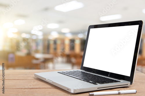 Desk Laptop with blank screen on table