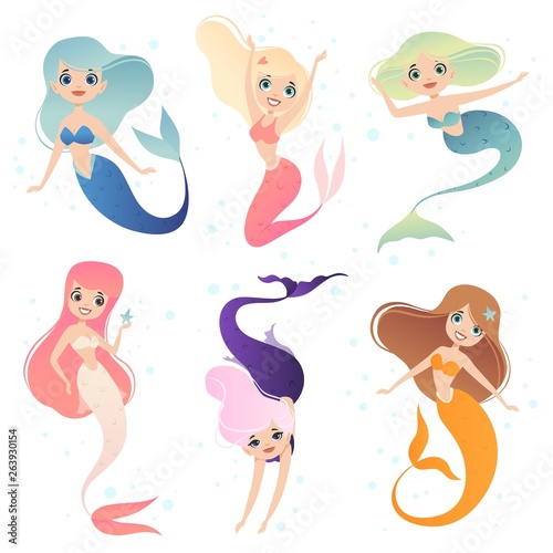 Mermaid cartoon. Underwater life character mermaid princess in action poses vector mascot. Illustration of mermaid character underwater, ocean mythical siren