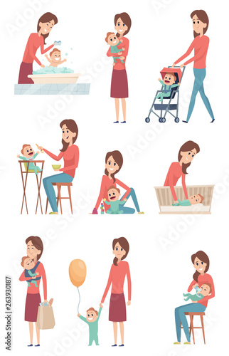 Mother and baby. Happy love kids playing with mother little girl and boy son and daughter vector characters. Illustration of woman together kid