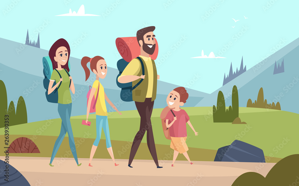 Family hiking background. Walking couples in mountains kids with parents tourists travellers outdoor adventure vector characters. Illustration of family hiking travel summer