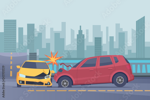 Accident road background. Damaged spped cars in urban landscape emergency help broken transport vector pictures. Illustration of crash transport on road, broken auto collision © ONYXprj