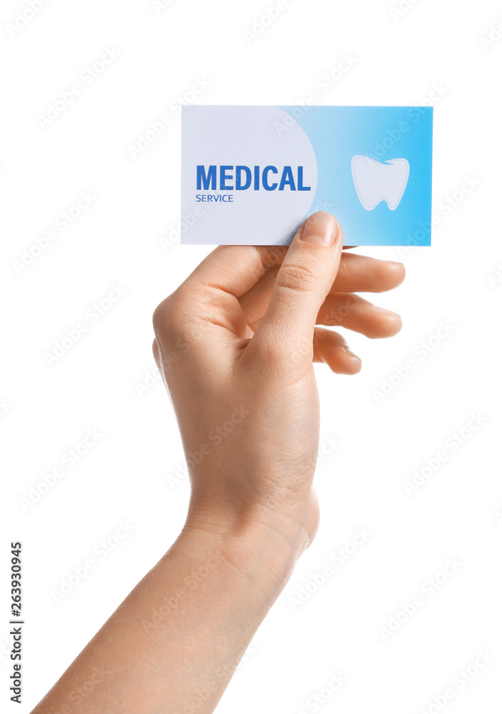 Woman holding business card isolated on white, closeup. Dental medical service Woman holding business card isolated on white, closeup. Dental medical service