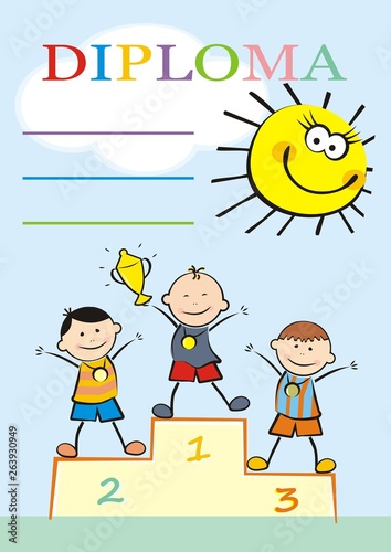 Diploma, three boys on the winning podium, blue background with cloud and sun, vector illustration