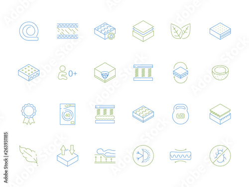 Mattress icons. Anatomical orthopedic healthcare comfortable latex eco material foam bed vector furniture colored symbols. Orthopedic material for bed, foam and air latex mattress illustration