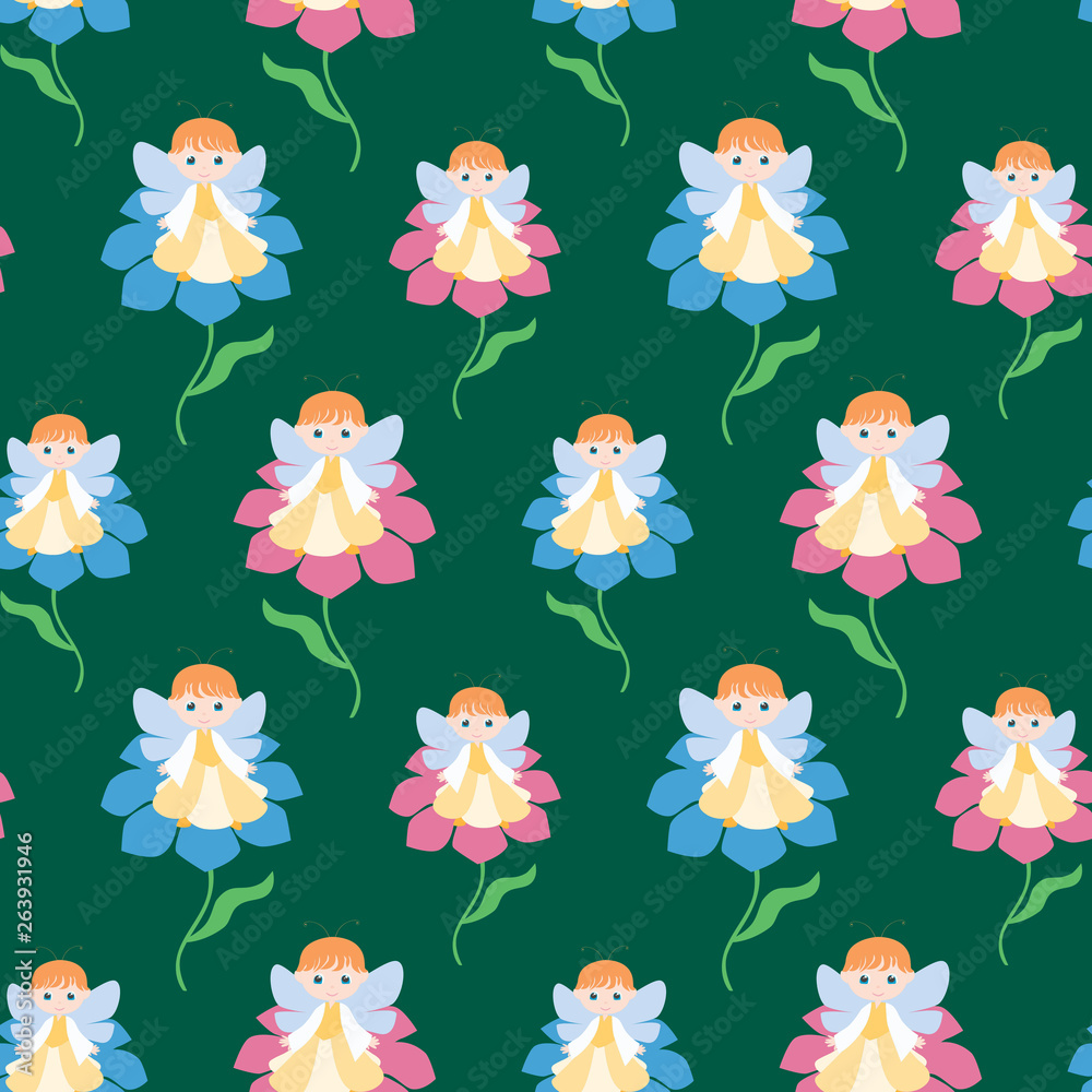 Naklejka premium Seamless background of elves girls sitting on the flowers