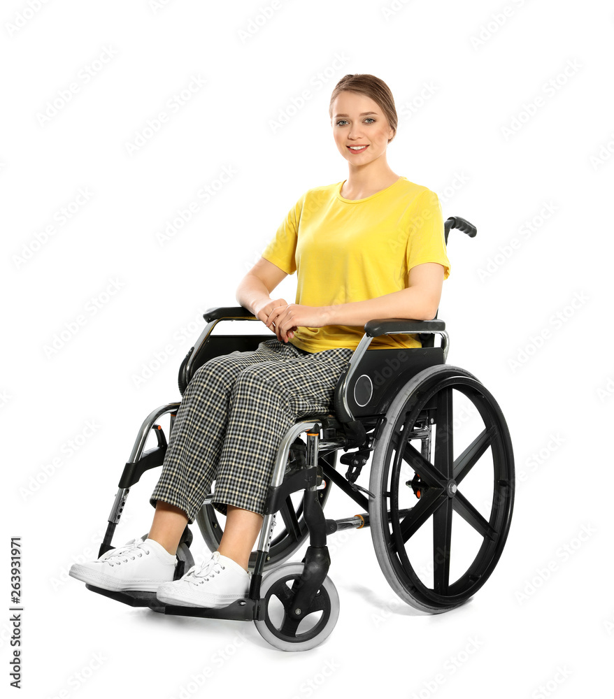 Portrait of beautiful woman in wheelchair isolated on white Portrait of beautiful woman in wheelchair isolated on white