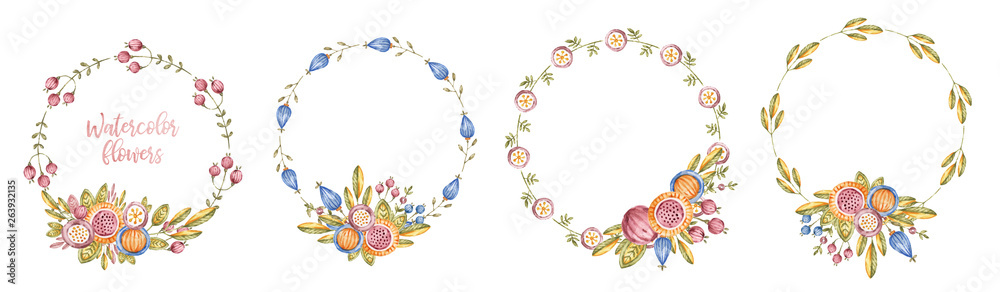 Circle watercolour flower frame set on white