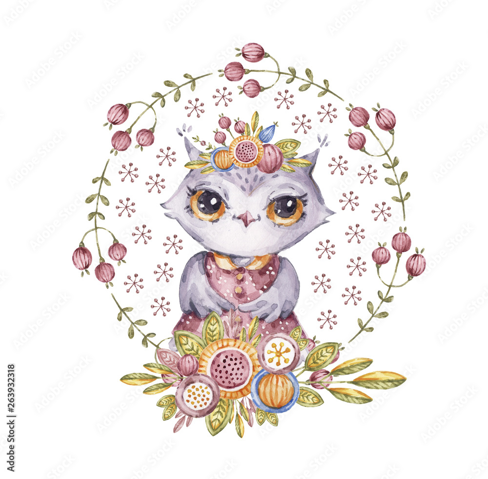 Aquarelle owl, flower wreath,  fairytale character