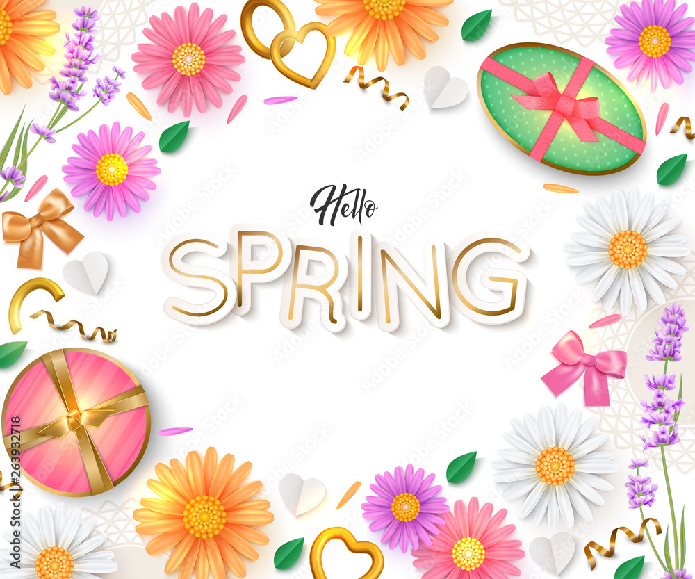 Hello Spring background. Flowers, gift box. Vector illustration