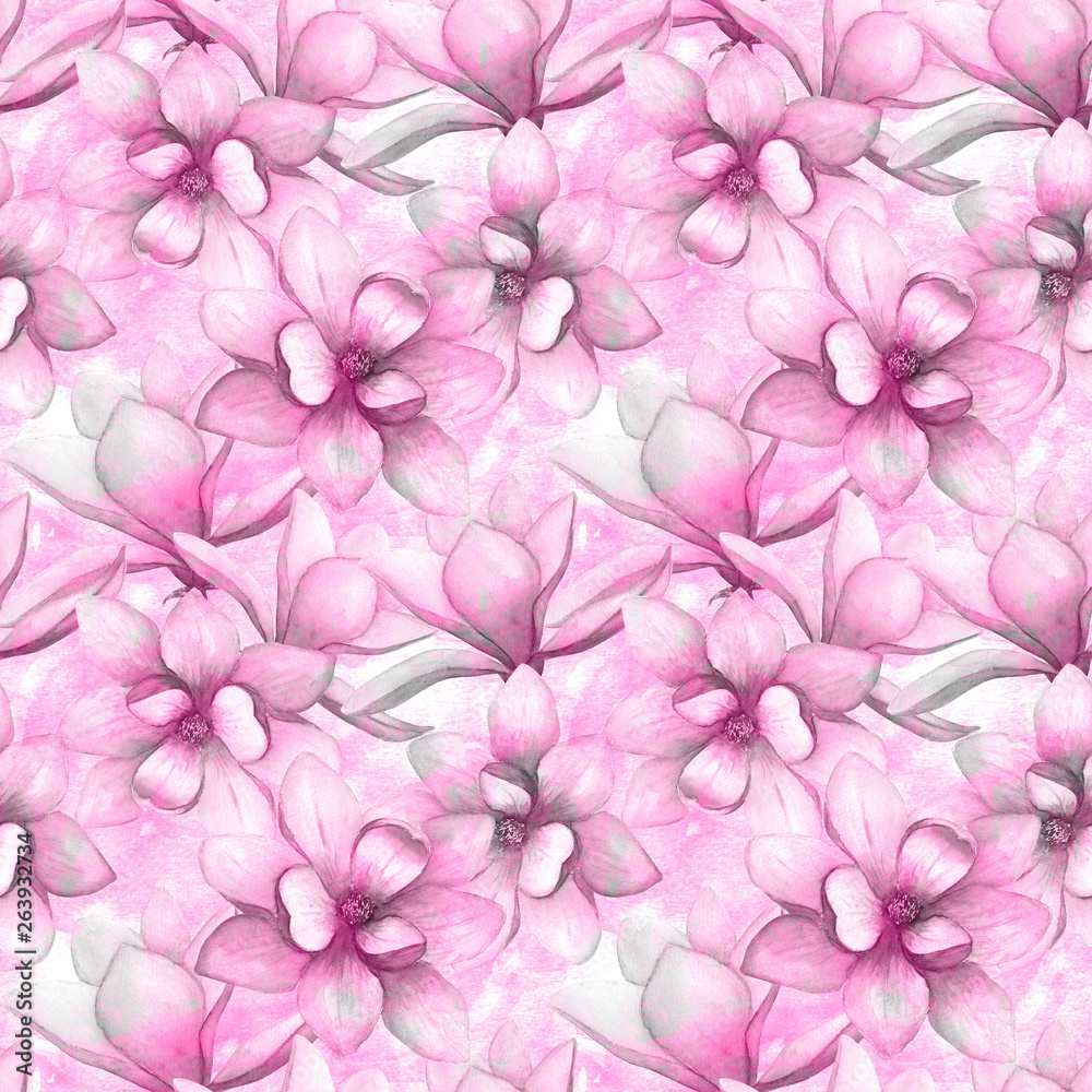 Watercolor beautiful magnolia flowers seamless pattern background. Watercolour spring elegant botanical illustration