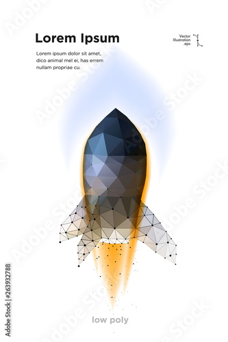 Rocket. Start Spaceship. Takeoff Spacecraft. Illustration is executed in the form of particles, geometric art, lines and points in the form of a starry sky or space. Low poly wireframe mesh 