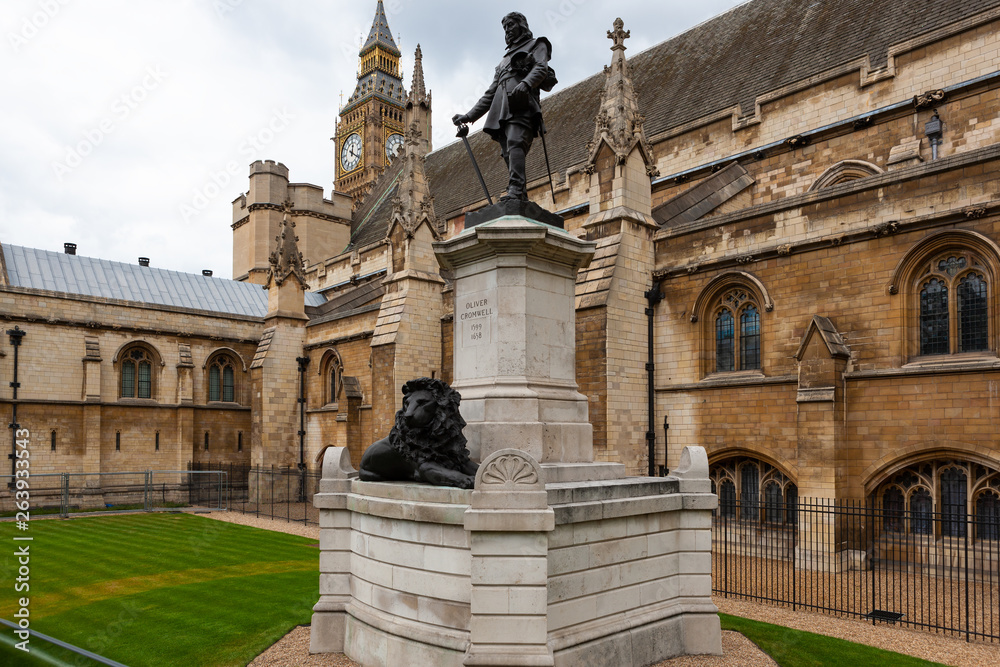 Statue of Oliver Cromwell before the Houses of Parliament, London, England