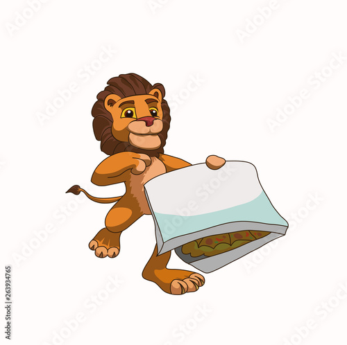 Good lion runs with a box of pizza, vector illustration