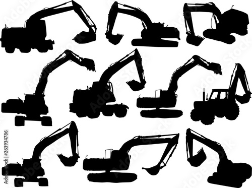 ten black excavator silhouettes isolated on white