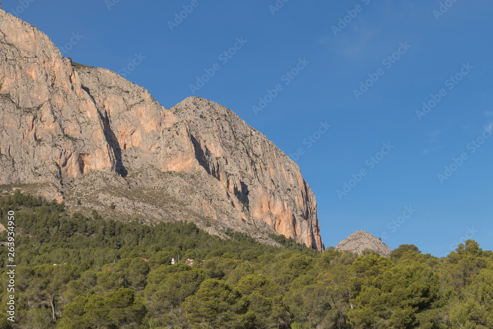 Montaña rocosa sobre cielo azul y árboles