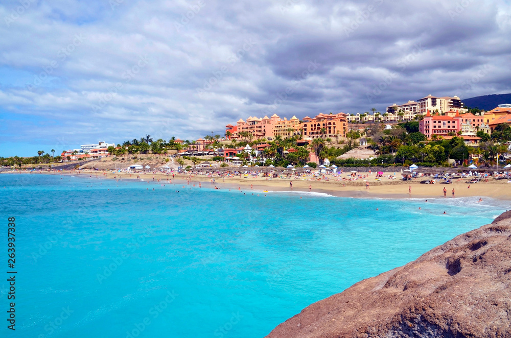 El Duque beach at Costa Adeje,Tenerife, Canary Islands,Spain.Summer vacation or travel concept. 