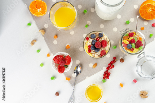 Healthy breakfast with muesli, milk, yogurt, fruit