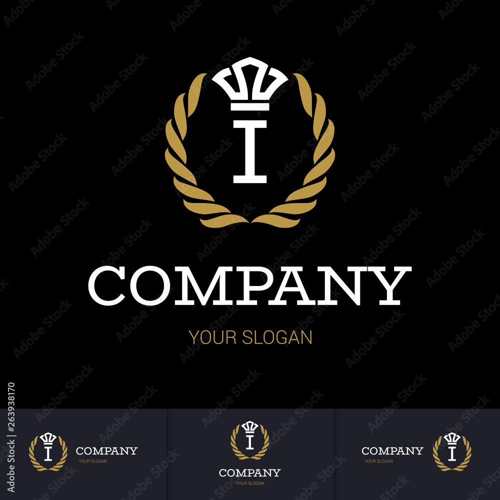 Illustration of Luxury Vintage Crest Logo with letter I in the Middle and Luxury Crown. Calligraphic Royal Emblems and Elements Logo Icon Template on Black Background