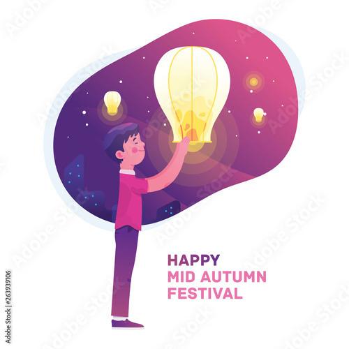Vector illustration  boy celebrate mid autumn festival and holding lantern at night, flat vector illustration
