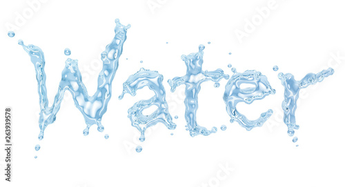 Water splash with water droplets in the form of word "Water" from water alphabet, isolated on white background. Liquid template design element. Clipping path included. 3D illustration