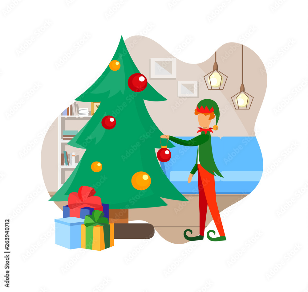 Elf Character in Suit Decorating Christmas Tree Elf Character in Suit Decorating Christmas Tree