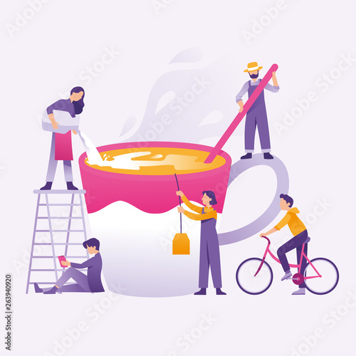 vector illustration people making coffee/tea and eggnog concept, group of people make tea/coffee together, and the girl pouring milk