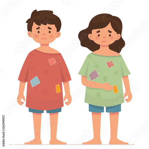 two poor kids, poor boy and girl looking very sad and hungry