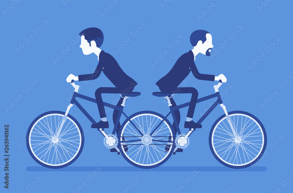 Businessmen riding push me pull you tandem bicycle. Male ambitious managers in disagreement, unable working together moving in different ways. Vector illustration, faceless characters Businessmen riding push me pull you tandem bicycle. Male ambitious managers in disagreement, unable working together moving in different ways. Vector illustration, faceless characters