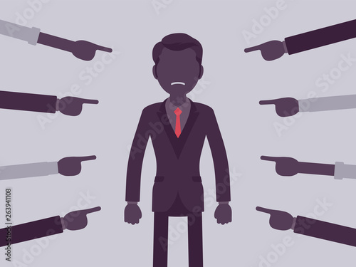 Shame on you, guilty man. Male manager in painful feeling of humiliation or distress, wrong foolish behaviour, loss of respect, dishonour pointed by fingers. Vector illustration, faceless characters