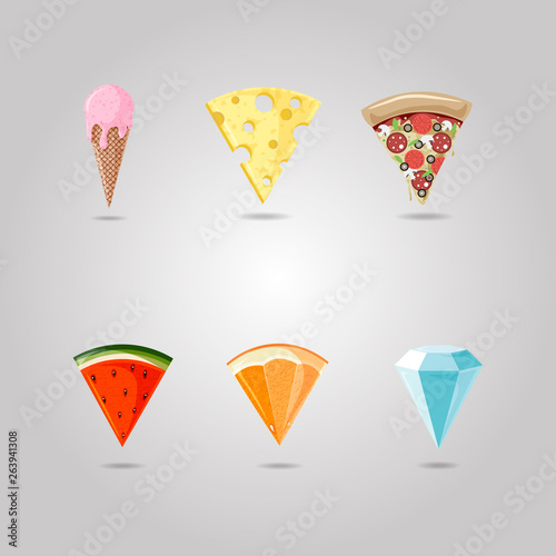 pizza, citrus, watermelon, ice cream, diamond, cheese symbol pointing at a map . Shop emblem. point location set