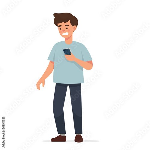 man angry and holding a phone, a man having trouble with his phone, angry man because lost phone signal, 