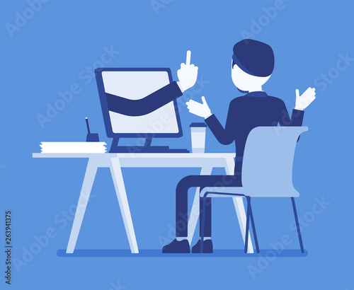Man getting lost at computer. Discouraged male manager working to achieve nothing, negative gesture from monitor showing the loss of all hope, business result. Vector illustration, faceless character