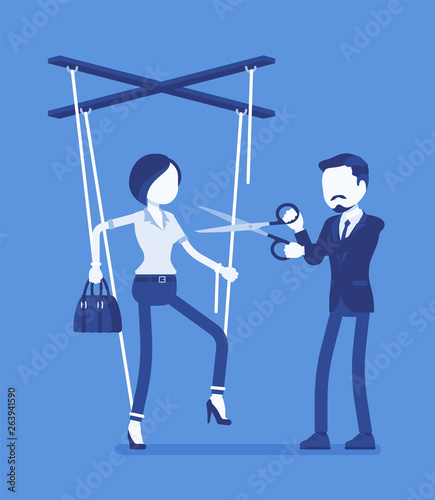 Marionette businesswoman free from slavery. Woman liberation, girl got personal rights after influence and control, man cutting doll strings with scissors. Vector illustration, faceless characters