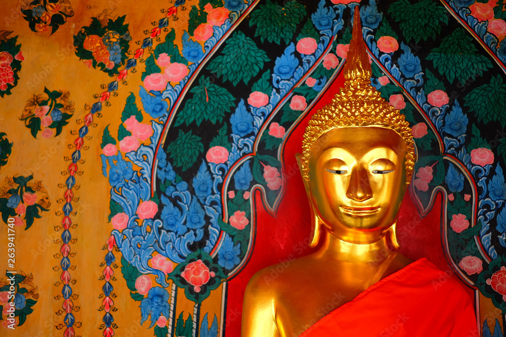 Closeup Ancient Golden Buddha Image at Wat Arun Temple.