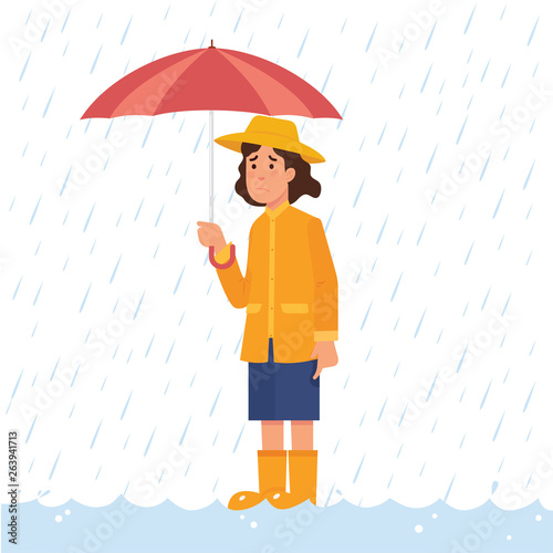 girl holding umbrella in heavy rain and flood, girl wear yellow rain coat and holding red umbrella in a heavy rain