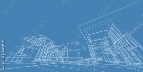 3D illustration architecture building perspective lines.