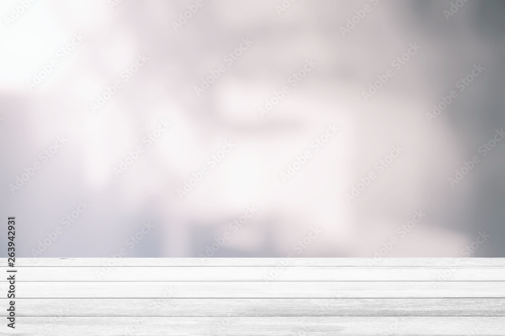 White Wood Table with White Bokeh of Interior Room Background, Suitable