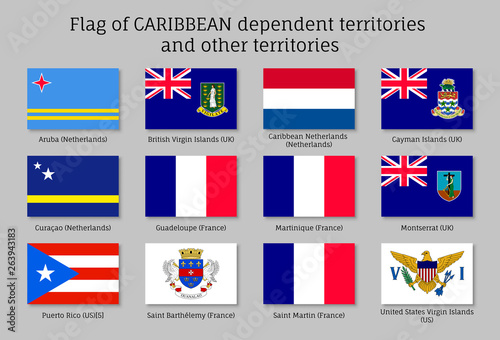 Flags of Caribbean dependent territories. Officially recognized flags of states in flat style isolated on grey background. Patriotic symbols vector illustration. National and political identity.