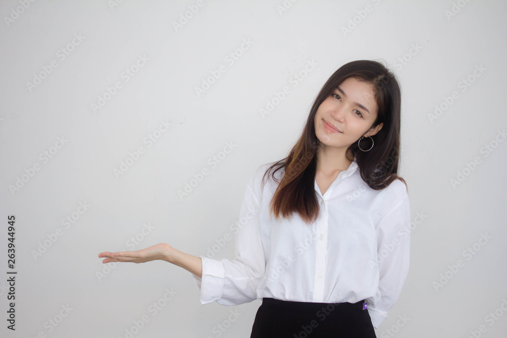 Portrait of thai adult working women white shirt show hand Portrait of thai adult working women white shirt show hand