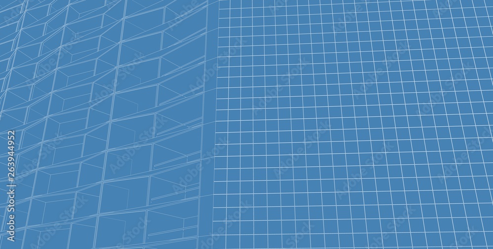 3D illustration architecture building perspective lines.