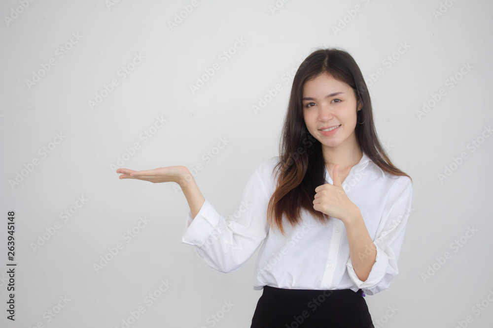 Portrait of thai adult working women white shirt show hand Portrait of thai adult working women white shirt show hand