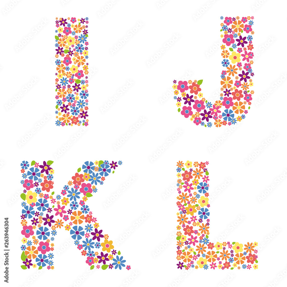 Φωτογραφία Alphabet part, letters I, J, K, L filled with a variety of colorful flowers isol